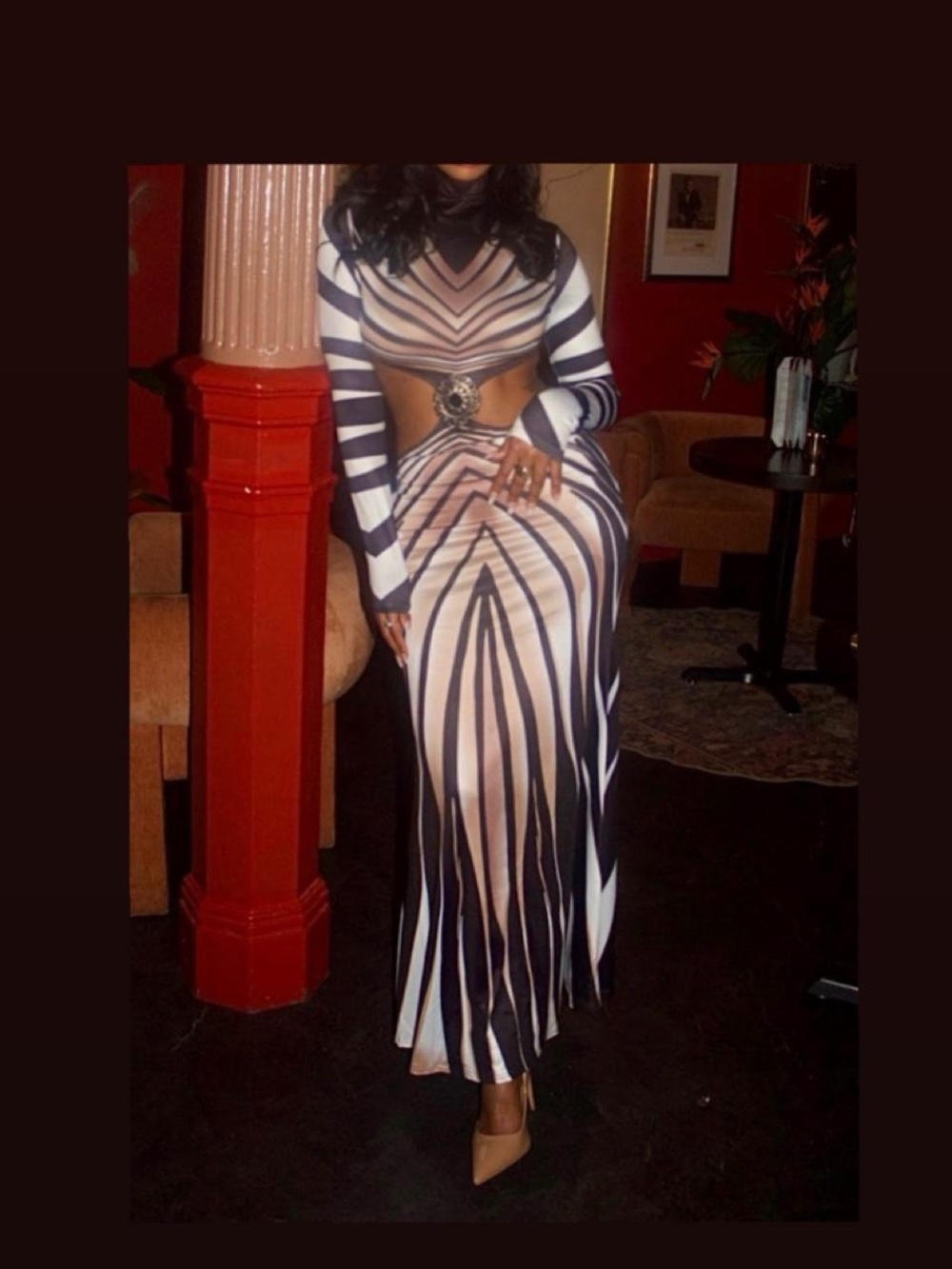 Women’s Navy and Cream Striped Cutout Maxi Dress